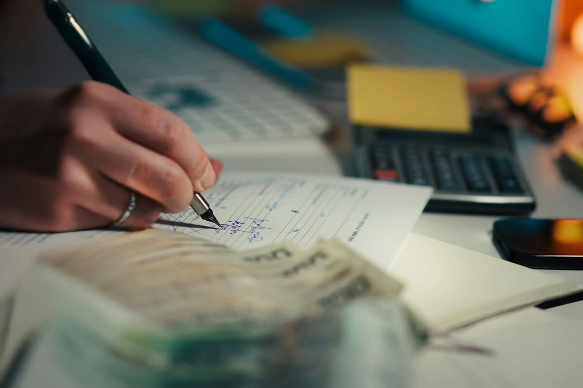 A hand signing a paper document next to a stack of banknotes on a desk