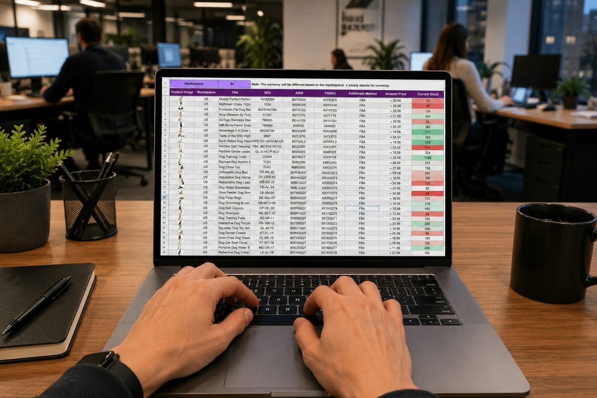Hands typing on a laptop showing a product-level spreadsheet with prices and stock columns, in an open-plan office