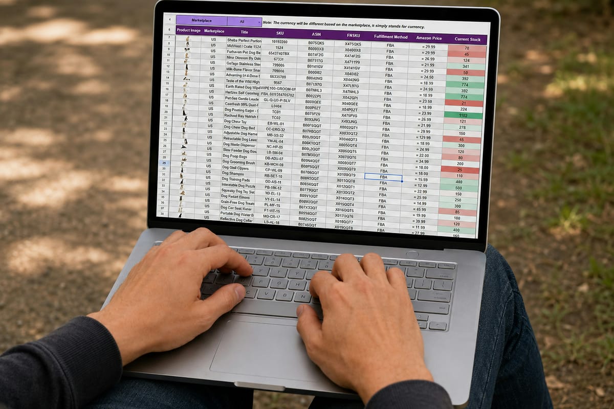 A founder typing on a laptop outdoors, a detailed spreadsheet with colored columns on the screen